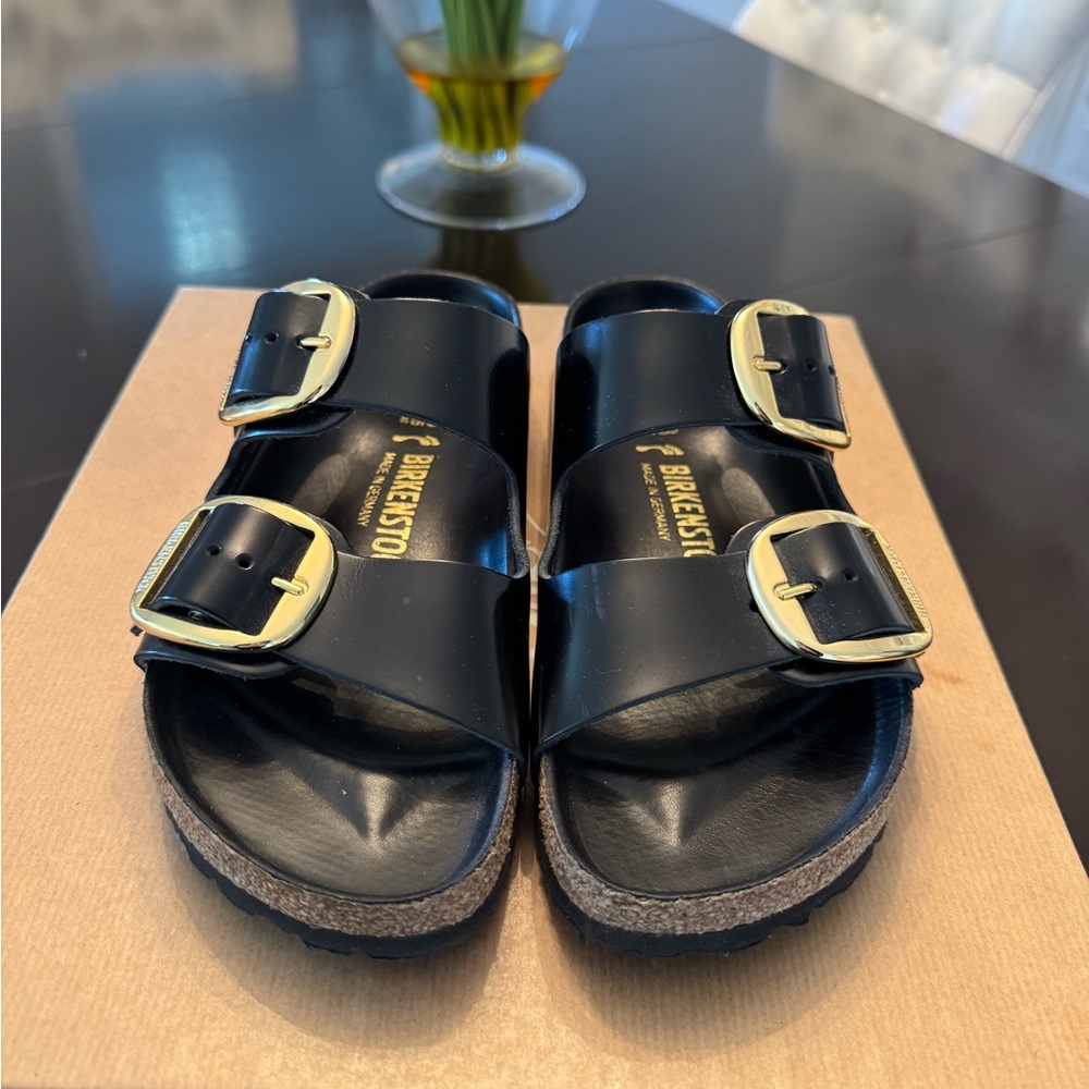 Birkenstock Black and Gold Sandals with Buckles